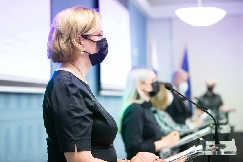 Minister of Employment, Tuula Haatainen, at a government press conference. Photo: Lauri Heikkinen/Vnk/File photo.