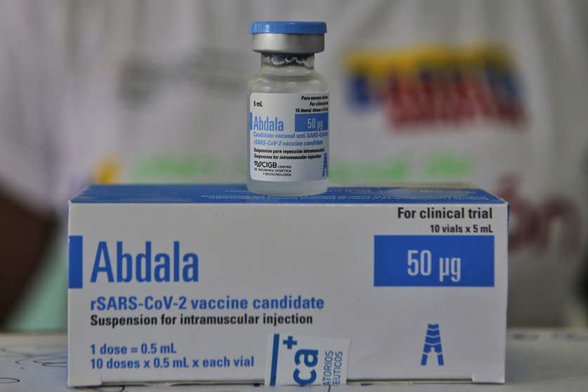 28 June 2021, Venezuela, Caracas: A vial of Cuba's Corona vaccine Abdala at a Venezuelan vaccination center. The first shipment of vaccine from Cuba is expected to provide an initial dose to 10000 people in Venezuela, according to Cuban authorities. Photo: Jesus Vargas/dpa