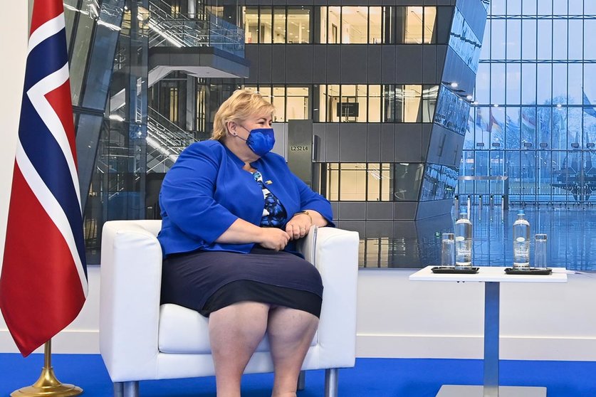 Prime Minister of Norway Erna Solberg (L) meets with Belgian Prime Minister Alexander De Croo on the sidelines of The North Atlantic Treaty Organization (NATO) Summit. Photo: Benoit Doppagne/BELGA/dpa
