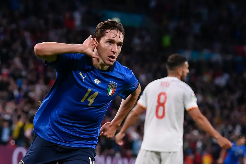 06 July 2021, United Kingdom, London: Italy's Federico Chiesa celebrates scoring his side's first goal during the UEFA EURO 2020 semi final soccer match between Italy and Spain at Wembley Stadium. Photo: Fabio Ferrari/LaPresse via ZUMA Press/dpa