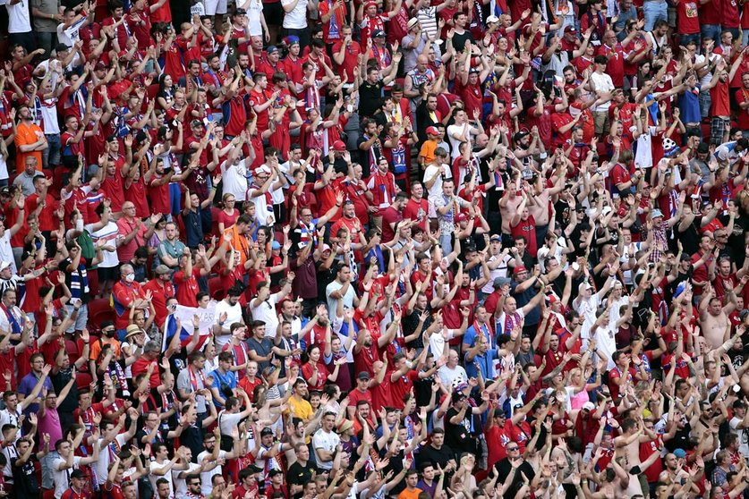 27 June 2021, Hungary, Budapest: Czech Republic fans cheer in the stands during the UEFA EURO 2020 round of 16 soccer match between Netherlands and Czech Republic at the Puskas Arena. Photo: -/PA Wire/dpa