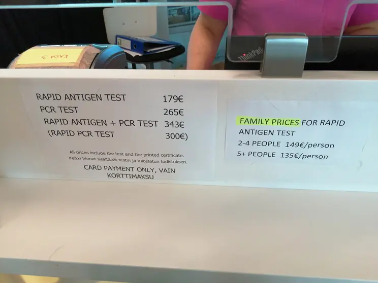 Prices charged on 11 July at the Helsinki-Vantaa airport testing center. Photo: © Foreigner.fi.