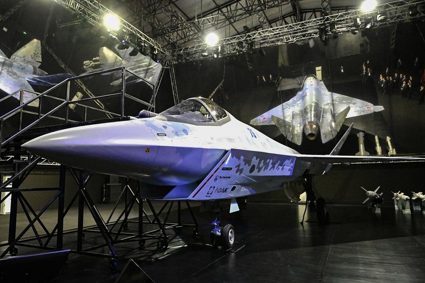 HANDOUT - 20 July 2021, Russia, Zhukovsky: A general view of models of a new light tactical single-engine jet fighter at the Sukhoi pavilion of the MAKS-2021 International Aviation and Space Salon. Photo: -/Kremlin/dpa - ATTENTION: editorial use only and only if the credit mentioned above is referenced in full