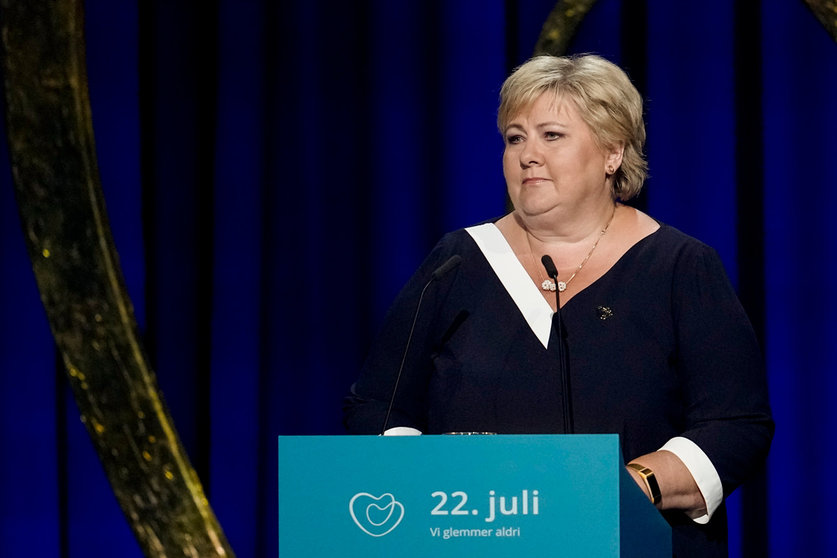 22 July 2021, Norway, Oslo: Norway's Prime Minister Erna Solberg delivers a speech during a memorial service at Oslo Spektrum marking the 10th anniversary of the 2011 terror attacks in Norway. Photo: Fredrik Hagen//dpa