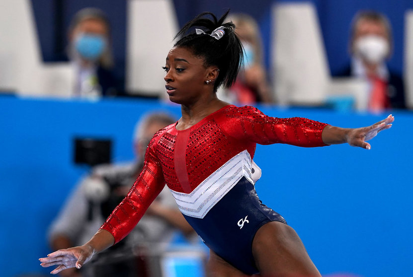 Simone Biles competes in the Women's Team Artistic Gymnastics Final at the Ariake Gymnastics Centre, during the Tokyo 2020 Olympic Games. Photo: Martin Rickett/PA Wire/dpa