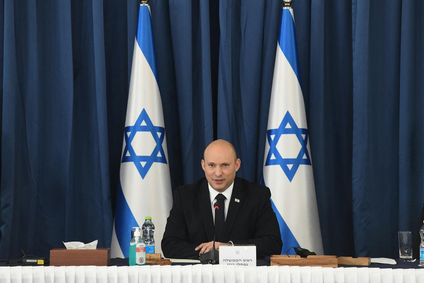 HANDOUT - 25 July 2021, Israel, Jerusalem: Israeli Prime Minister Naftali Bennett speaks during the weekly Israeli cabinet meeting. Photo: Amos Ben-Gershom/GPO/dpa - ATTENTION: editorial use only and only if the credit mentioned above is referenced in full