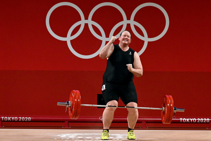 New Zealand's Laurel Hubbard competes in the Women's Weightlifting +87kg Group A during the Tokyo 2020 Olympic Games. Hubbard makes history as she becomes the first openly transgender female athlete to compete at the Olympics. Photo: Swen Pförtner/dpa