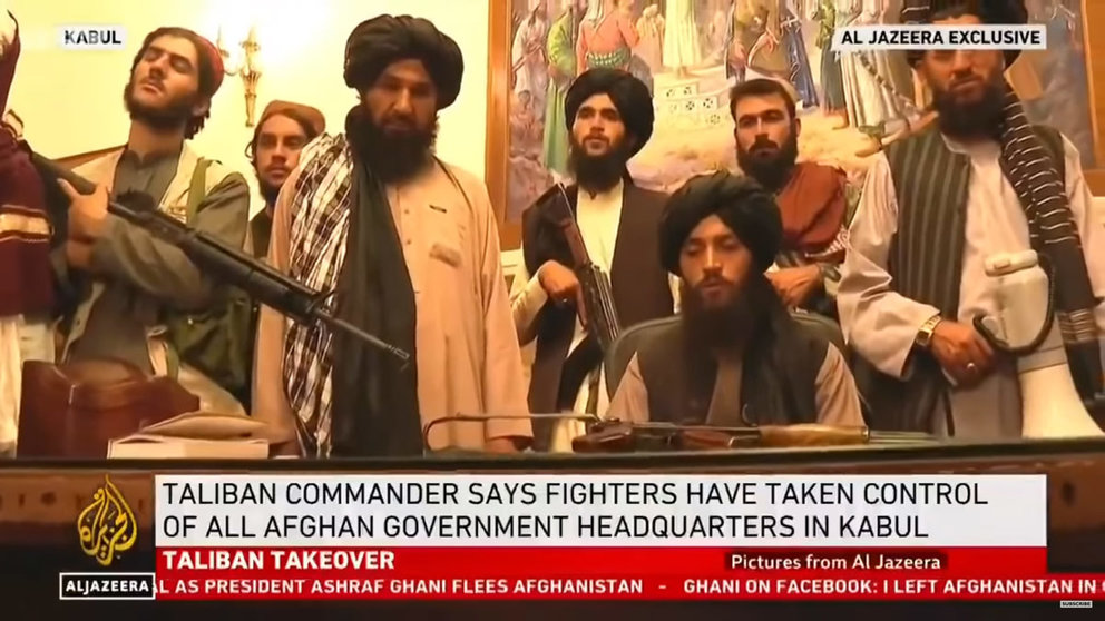 Taliban fighters at the government headquarters in Kabul. Image: YouTube/screenshot.