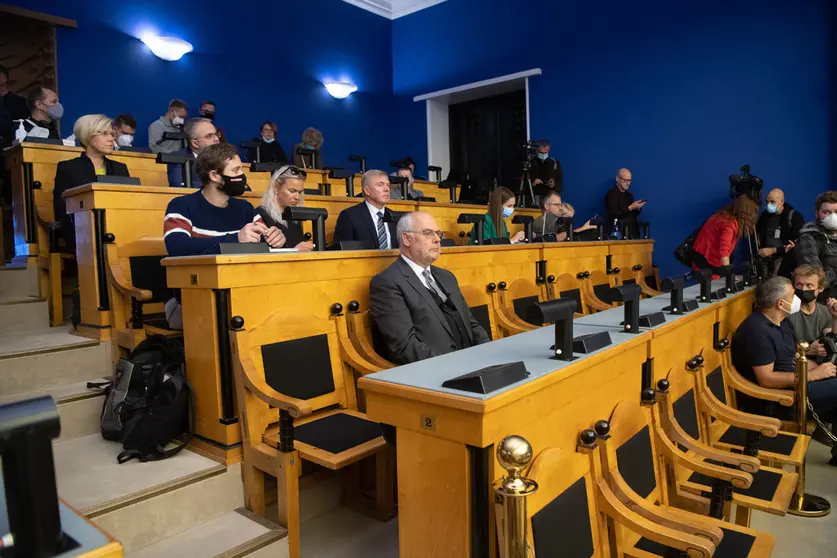 HANDOUT - 30 August 2021, Estonia, Tallinn: Alar Karis, director of the Estonian National Museum, attends a session at the Estonian Parliament to vote on the country's new president. Karis was elected by Estonia's Parliament as the the new president in a vote where he was the only candidate. Photo: Erik Peinar/Estonian Parliament/dpa - ATTENTION: editorial use only and only if the credit mentioned above is referenced in full