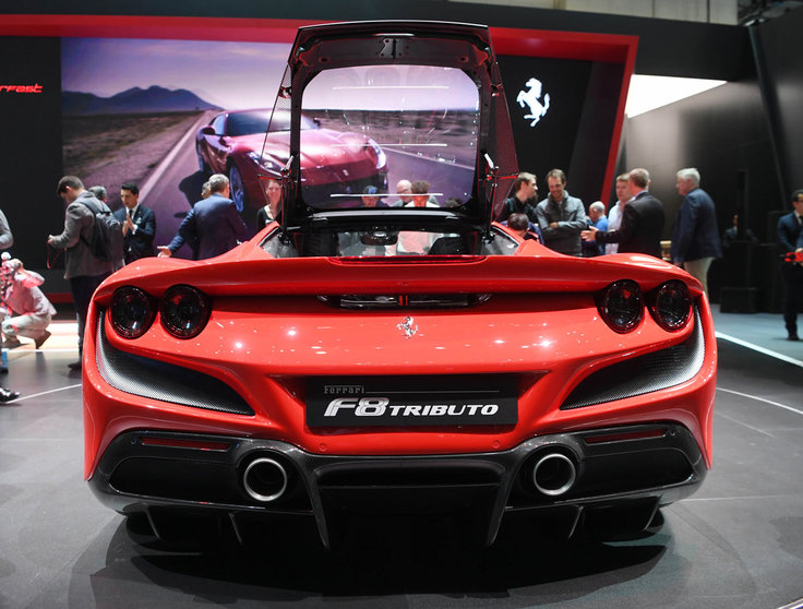 FILED - The Ferrari F8 Tributo is presented on the first press day at the Geneva Motor Show. Photo: Uli Deck/dpa