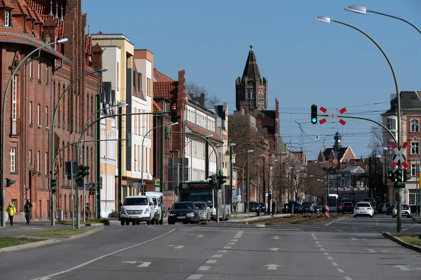 FILED - Sun shines on the residential and commercial buildings and the town hall in Babelsberg, part of Potsdam just outside Berlin, in this file shot from March 23, 2020. Photo: Soeren Stache/dpa-Zentralbild/ZB