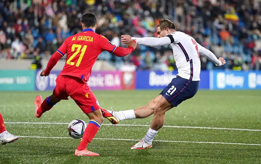 09 October 2021, Andorra, Andorra Le Vella: England's Jack Grealish scores his side's fifth goal during the FIFA 2022 World Cup European Qualifier Group I soccer match between Andorra and England at National Stadium of Andorra. Photo: Nick Potts/PA Wire/dpa