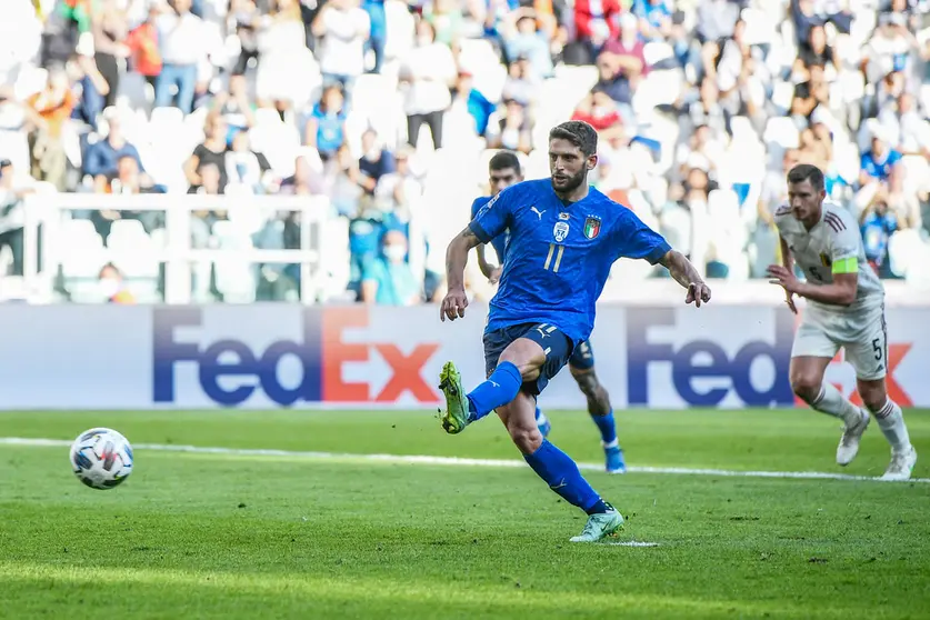 10 October 2021, Italy, Turin: Italy's Domenico Berardi scores his side's second goal during the UEFA Nations League third-place soccer match between Italy and Belgium. Photo: Fabio Ferrari/LaPresse via ZUMA Press/dpa