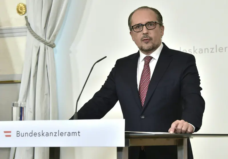 11 October 2021, Austria, Vienna: Newly-appointed Austrian Chancellor Alexander Schallenberg of the People's Party (OeVP), delivers a statement at the Federal Chancellery. Photo: Hans Punz/APA/dpa