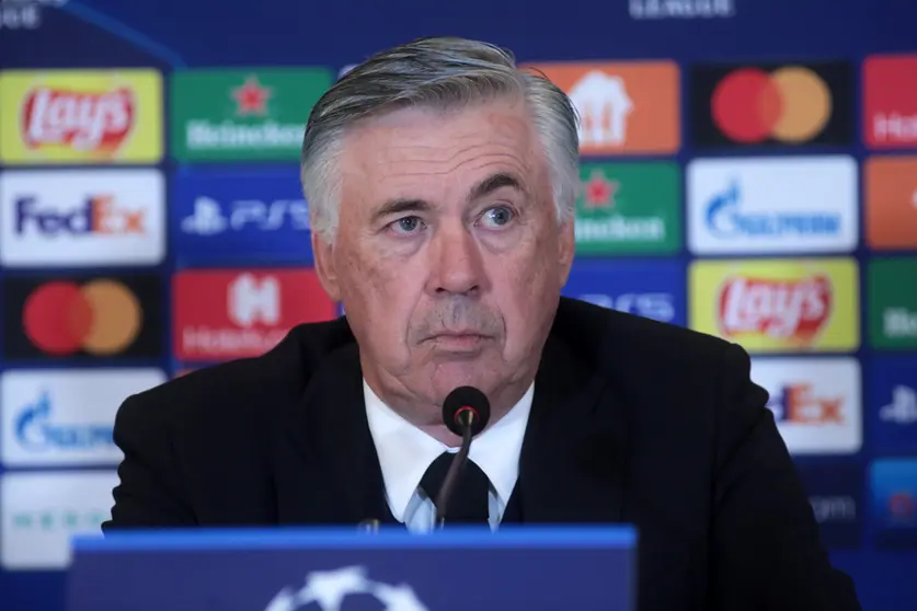 20 October 2021, Ukraine, Kyiv: Real Madrid head coach Carlo Ancelotti attends a press conference following the UEFA Champions League Group D soccer match against Shakhtar Donetsk. Photo: -/Ukrinform/dpa