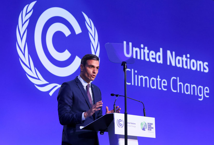 01 November 2021, United Kingdom, Glasgow: Spanish Prime Minister Pedro Sanchez speaks during the opening ceremony of the UN Climate Change Conference (COP26) at the Scottish Event Campus (SEC). Photo: Yves Herman/PA Wire/dpa