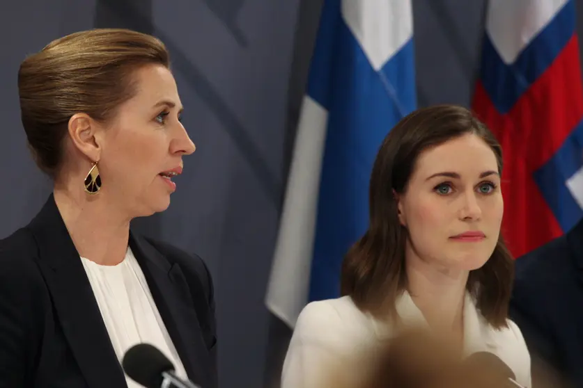 03 November 2021, Denmark, Copenhagen: Danish Prime Minister Mette Frederiksen (L) and Finland Prime Minister Sanna Marin speak at a Nordic Council press conference in Copenhagen. Photo: Steffen Trumpf/dpa.