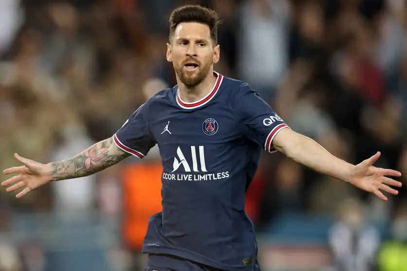 FILED - 19 October 2021, France, Paris: PSG's Lionel Messi celebrates scoring his side's second goal during the UEFA Champions League Group A soccer match between Paris Saint-Germain FC and RB Leipzig at Le Parc des Princes Stadium. Messi will not feature for Paris Saint-Germain on Wednesday in the Champions League at RB Leipzig for injury reasons. Photo: Jan Woitas/dpa.