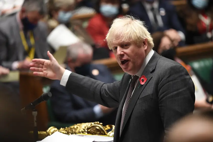 HANDOUT - 03 November 2021, United Kingdom, London: UK Prime Minister Boris Johnson speaks during the Prime Minister's Questions in the House of Commons. Photo: Jessica Taylor/Uk Parliament via PA Media/dpa - ATTENTION: editorial use only and only if the credit mentioned above is referenced in full.