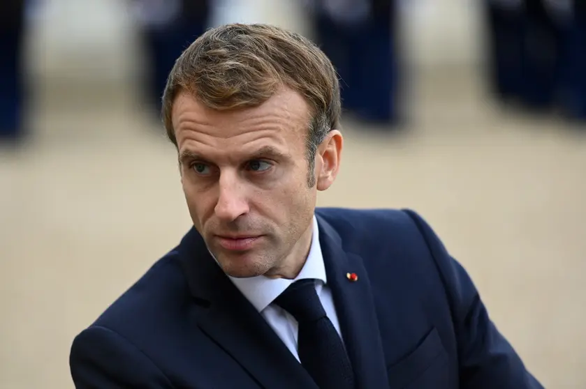 03 November 2021, France, Paris: French President Emmanuel Macron and Colombian President Ivan Duque (not pictured) hold a joint presser prior to their meeting at the Elysee Palace. Photo: Julien Mattia/Le Pictorium Agency via ZUMA/dpa.