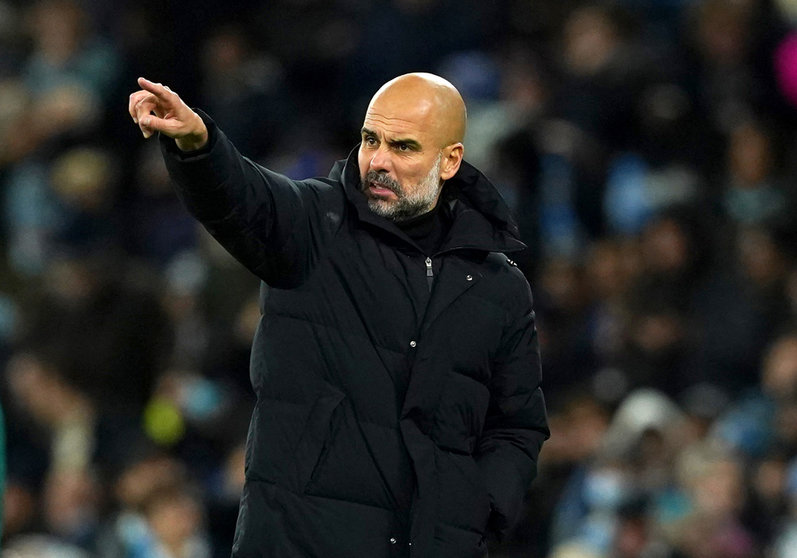 03 November 2021, United Kingdom, Manchester: Manchester City manager Pep Guardiola gestures on the touchline during the UEFA Champions League Group A soccer match between Manchester City FC and Club Brugge KV at the Etihad Stadium. Photo: Martin Rickett/PA Wire/dpa