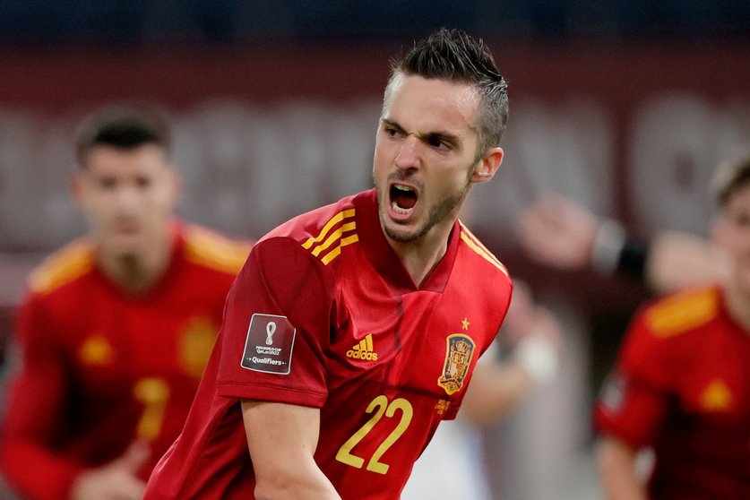 Pablo Sarabia's penalty wasSpain's first goal from the spot in a World Cup qualifier since October 2009. Photo: @EURO2024/Twitter.