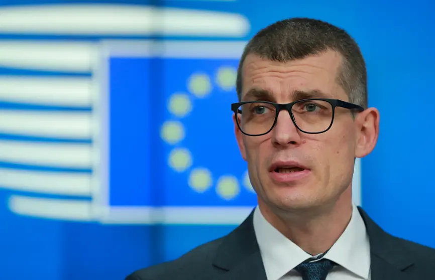 HANDOUT - 23 November 2021, Belgium, Brussels: Slovenia's European affairs Minister Gasper Dovzan gives a press conference after the General Affairs ministers council (GAC) at the EU headquarters in Brussels. Photo: Zucchi Enzo/European Union/dpa - ATTENTION: editorial use only and only if the credit mentioned above is referenced in full.