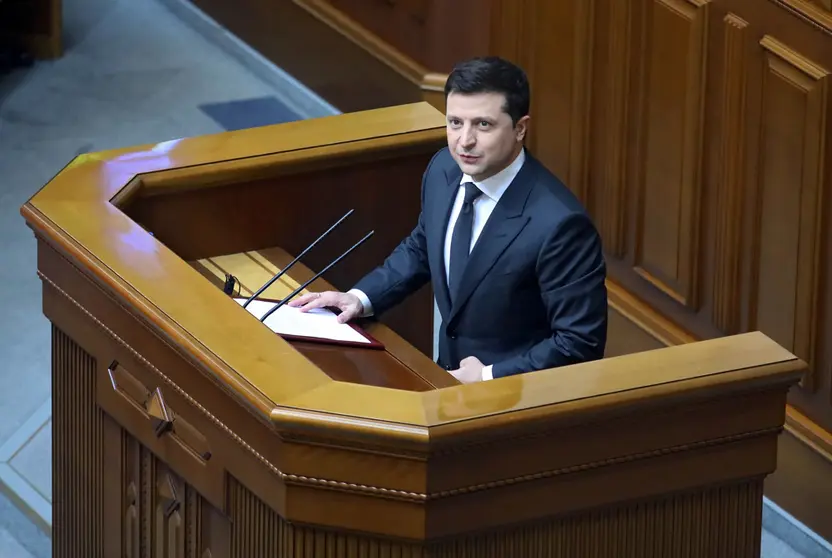 04 November 2021, Ukraine, Kiev: Ukrainian President Volodymyr Zelensky speaks during a parliamentary session to appoint Oleksandr Reznikov as the new Minister of Defence. Photo: -/Ukrinform/dpa.