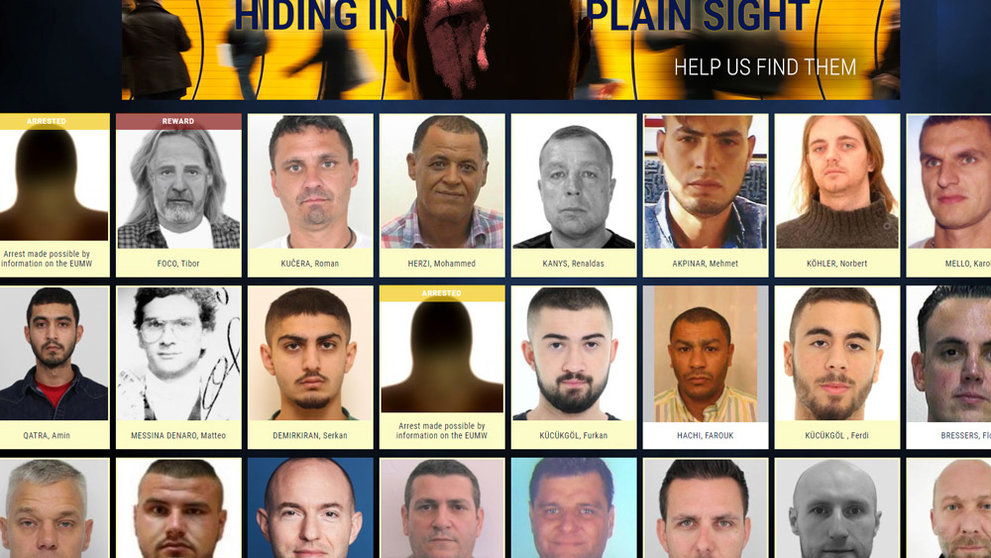 Image: Screenshot of Europol's website with the list of this year's most wanted criminals.