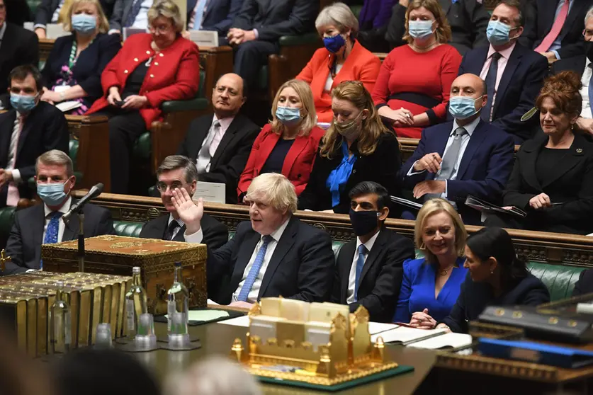 HANDOUT - 24 November 2021, United Kingdom, London: UK Prime Minister Boris Johnson speaks during the Prime Minister's Questions in the House of Commons. Photo: Jessica Taylor/Uk Parliament via PA Media/dpa - ATTENTION: editorial use only and only if the credit mentioned above is referenced in full.