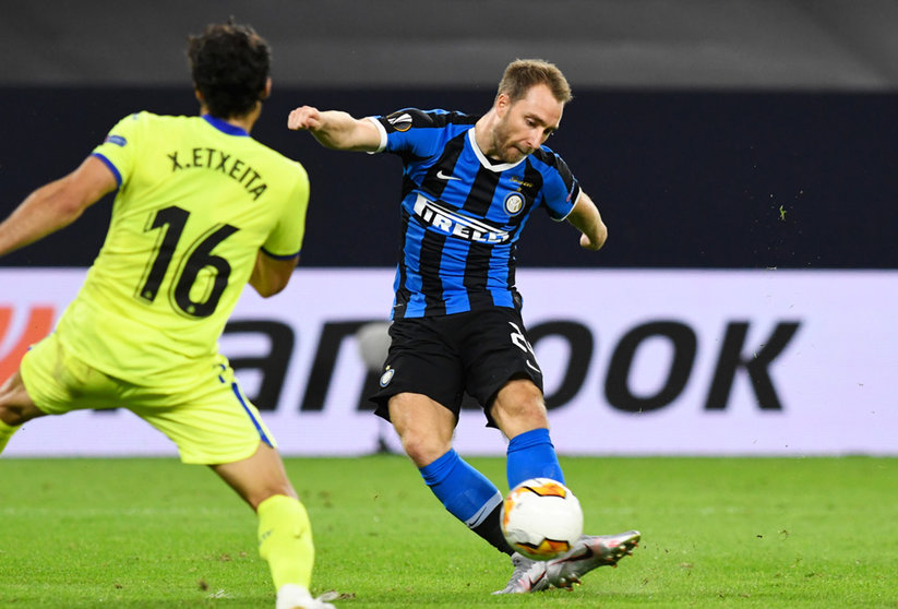 FILED - 05 August 2020, North Rhine-Westphalia, Gelsenkirchen: Inter Milan's Christian Eriksen scores his side's second goal during the UEFA Europa League round of 16 soccer match between Inter Milan and FC Getafe the Veltins-Arena. Eriksen’s contract with Italian champions Inter Milan was terminated by mutual agreement on Friday, in the wake of the Denmark player's cardiac arrest at the Euro tournament in June. Photo: Bernd Thissen/dpa.