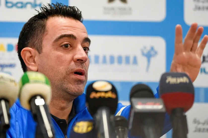 13 December 2021, Saudi Arabia, Riyadh: Barcelona's head coach Xavi Hernandez speaks during a press conference ahead of the Maradona Cup friendly soccer match against Boca Juniors, which to take place in honour of the memory of of Argentine footballing legend Diego Armando Maradona. Photo: -/Saudi Press Agency/dpa