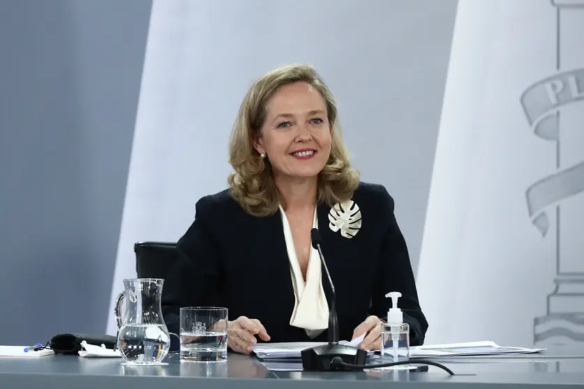 12/14/2021. The Minister of Economic Affairs and Digital Transformation, Nadia Calviño, at a press conference after the meeting of the Council of Ministers. Photo: La Moncloa.