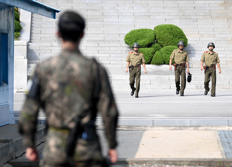 FILED - 26 July 2018, South Korea, Panmunjeom: A border guard standing in the demilitarized zone (DMZ) between North and South Korea and looking towards the North. Photo: Britta Pedersen/dpa-Zentralbild/dpa.