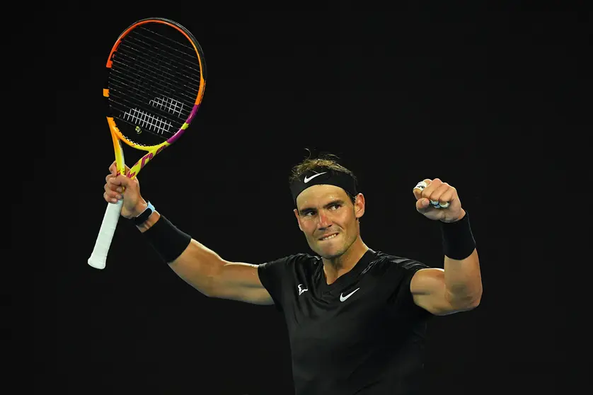 08 January 2022, Australia, Melbourne: Spain's Rafael Nadal celebrates after defeating Finland's Emil Ruusuvuori during their men's singles match on Day 6 of the Melbourne Summer Set tennis tournament at Melbourne Park. Photo: James Ross/AAP/dpa.