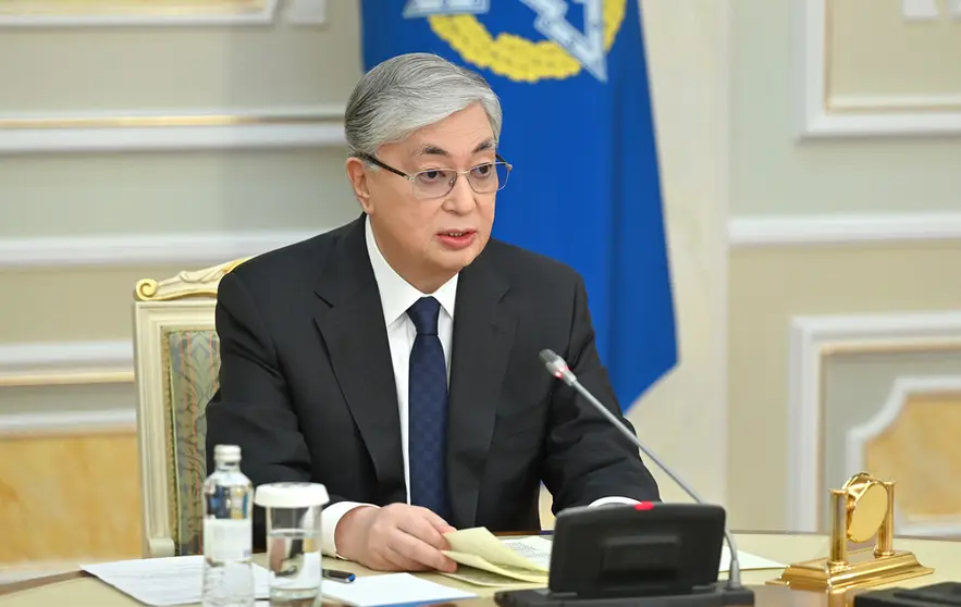 HANDOUT - 10 January 2022, Kazakhstan, Almaty: Kazakh President Kassym-Jomart Tokayev speaks during an extraordinary meeting of the Collective Security Treaty Organization (CSTO) via videoconference. Photo: -/Kazakh Presidency /dpa - ATTENTION: editorial use only and only if the credit mentioned above is referenced in full.