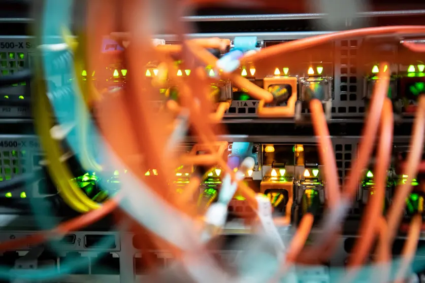 FILED - Fiber optic cables plug into a network switch in a data center. The digital economy in Germany will continue to grow strongly in the year and create almost 40,000 new jobs. (Symbolic image for "digital industry back to the level before the corona shock") Photo: Matthias Balk/dpa.