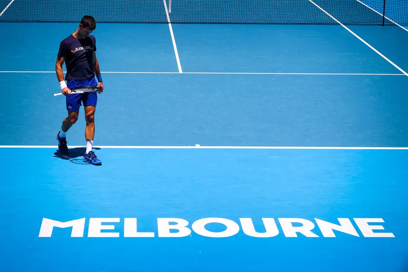 12 January 2022, Australia, Melbourne: Serbian tennis player Novak Djokovic in action during a training session ahead of the Australian Open Grand Slam tennis tournamen at Melbourne Park. Photo: Patrick Hamilton/BELGA/dpa.