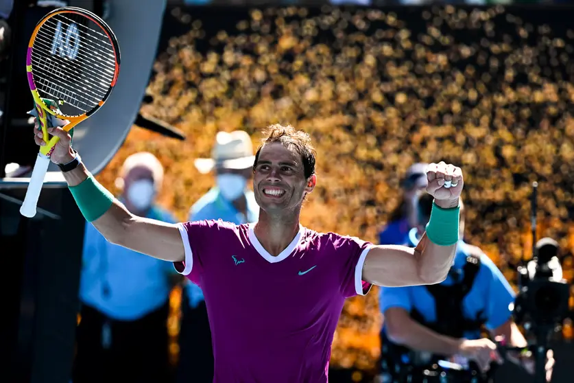 17 January 2022, Australia, Melbourne: Spanish tennis player Rafael Nadal reacts after winning his First Round Men's Singles tennis match against USA's Marcos Giron on Day 1 of the 2022 Australian Open at Melbourne Park. Photo: Dave Hunt/AAP/dpa.