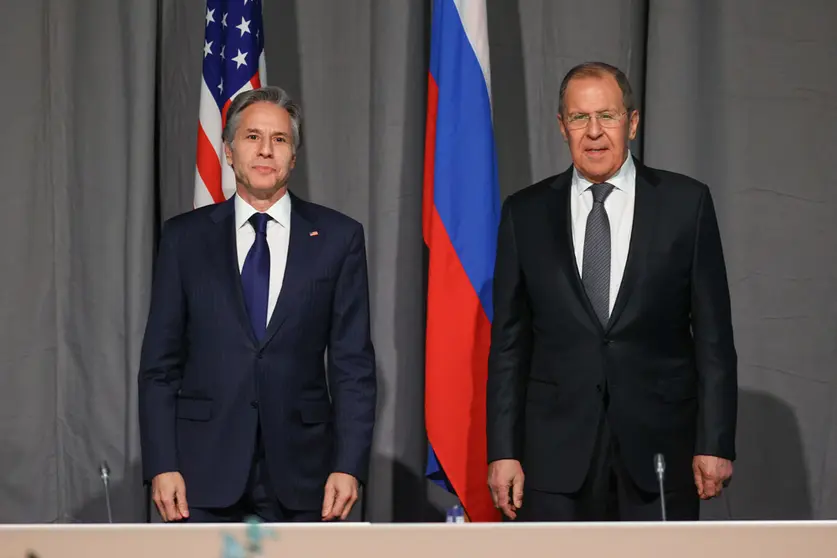 FILED - Russian Foreign Minister Sergey Lavrov (R) meets with US Secretary of State Antony Blinken on the sidelines of the 28th meeting of the Council of Foreign Ministers of the Organization for Security and Co-operation in Europe (OSCE). Photo: -/Russian Foreign Ministry/dpa - ATTENTION: editorial use only and only if the credit mentioned above is referenced in full.