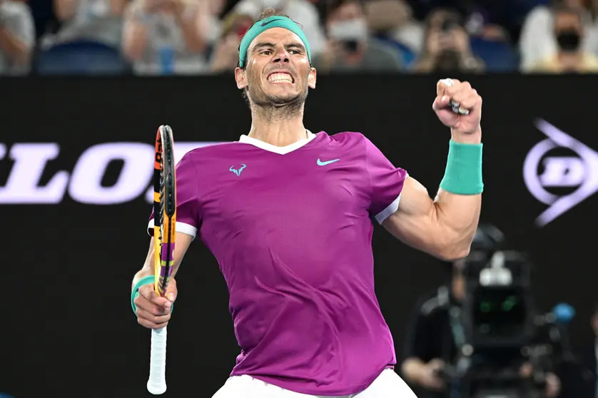 22 January 2022, Australia, Melbourne: Spanish tennis player Rafael Nadal celebrates winning his Men's Singles third Round tennis match against Russia's Karen Khachanov, on Day 5 of the 2022 Australian Open tennis tournament at Melbourne Park. Photo: Dave Hunt/AAP/dpa.