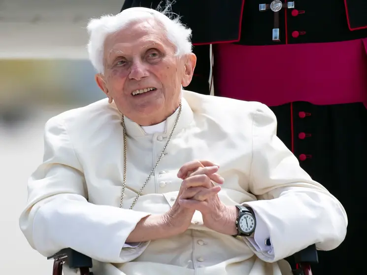 FILED - 22 June 2020, Bavaria, Freising: Pope Emeritus Benedict XVI arrives at the airport for his return flight to the Vatican. Pope Emeritus Benedict XVI has admitted that he made a false statement during an investigation into child sexual abuse in the German Catholic Church that accused several current and former priests of misconduct. Photo: Sven Hoppe/dpa-Pool/dpa.