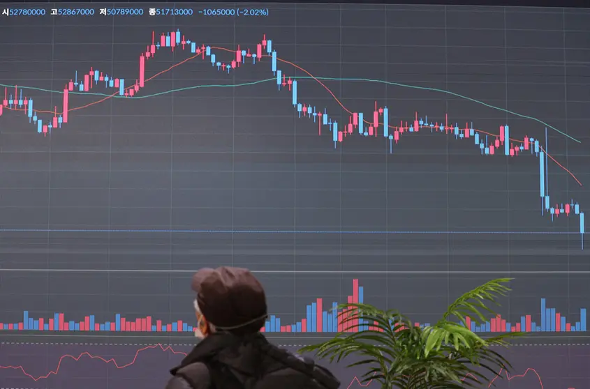 07 January 2022, South Korea, Seoul: A man looks at an electronic signboard of a cryptocurrency exchange in Seoul that shows the price of bitcoin having nose-dived during a trading session, in the wake of a massive disturbance in Kazakhstan, a major bitcoin mining hub. Photo: -/YNA/dpa.