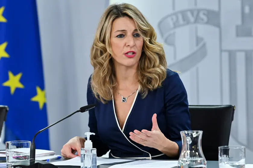 12/28/2021. The Second Vice President of the Government and Minister of Labor and Social Economy, Yolanda Díaz, during the press conference after the Council of Ministers. Photo: La Moncloa.