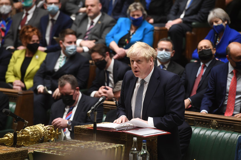 HANDOUT - UK Prime Minister Boris Johnson speaks during the weekly Prime Minister's Questions session at the British Parliament. Photo: Jessica Taylor/UK Parliament via PA Wire/dpa - ATTENTION: editorial use only and only if the credit mentioned above is referenced in full.