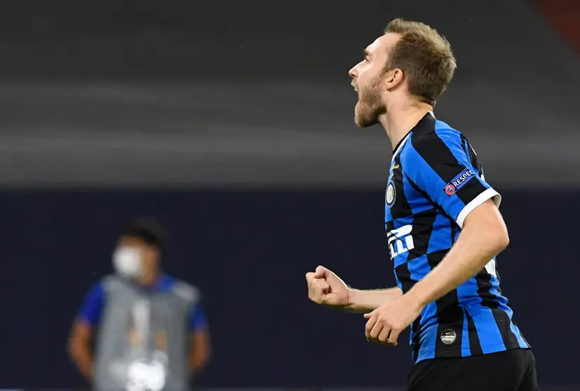 FILED - 05 August 2020, North Rhine-Westphalia, Gelsenkirchen: Inter Milan's Christian Eriksen celebrates scoring his side's second goal during the UEFA Europa League round of 16 second leg soccer match between Inter Milan and FC Getafe at the Arena AufSchalke. Premier League club Brentford have confirmed the signing of Danish star Christian Eriksen. Photo: Bernd Thissen/dpa.