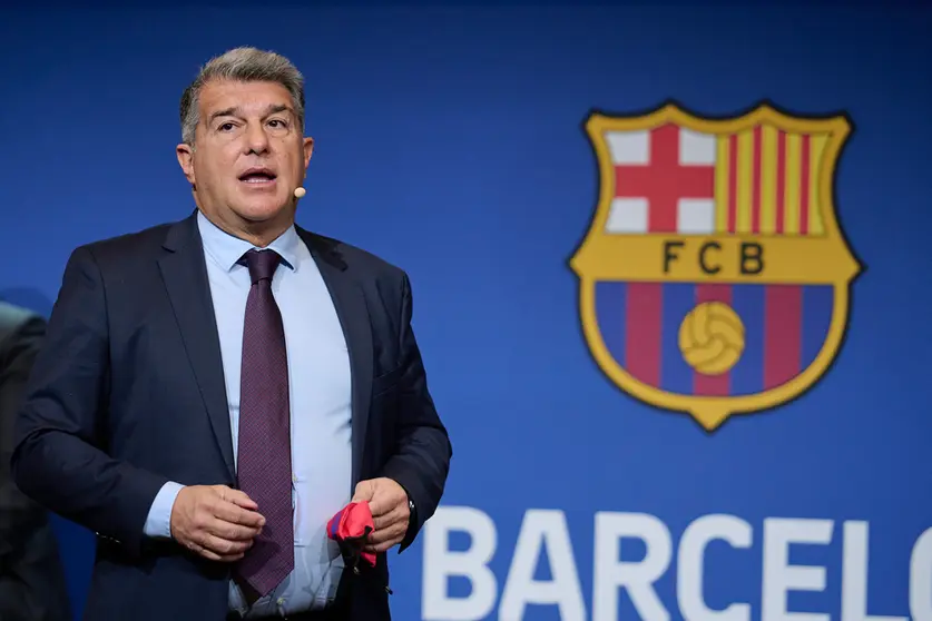 01 February 2022, Spain, Barcelona: FC Barcelona President Joan Laporta speaks during the Forensic press conference at Auditori 1989. Photo: Gerard Franco Crespo/DAX via ZUMA Press Wire/dpa.