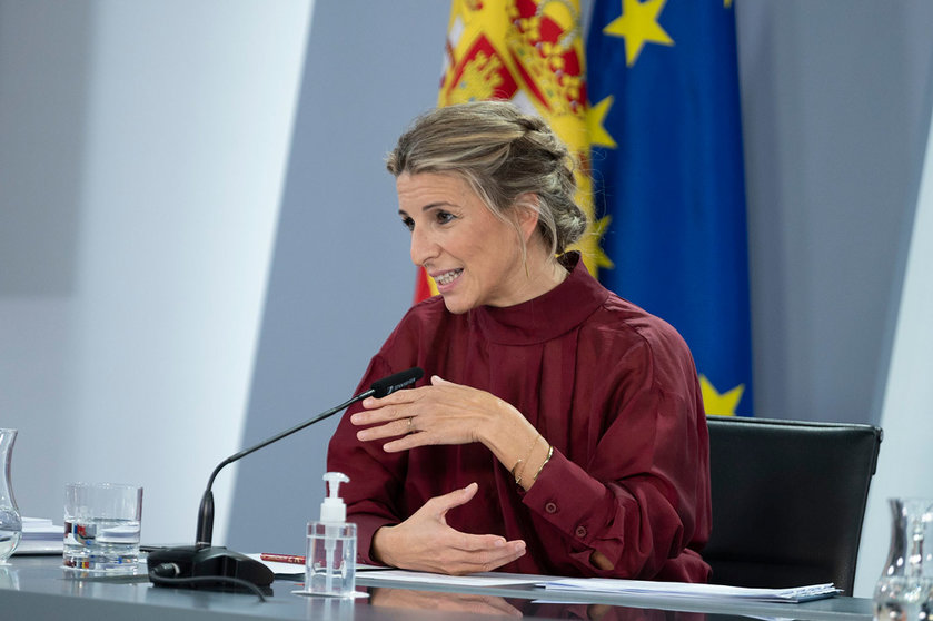 03/12/2021. Minister of Labor and Social Economy Yolanda Díaz, at a press conference at the end of the extraordinary meeting of the Council of Ministers. Photo: La Moncloa.