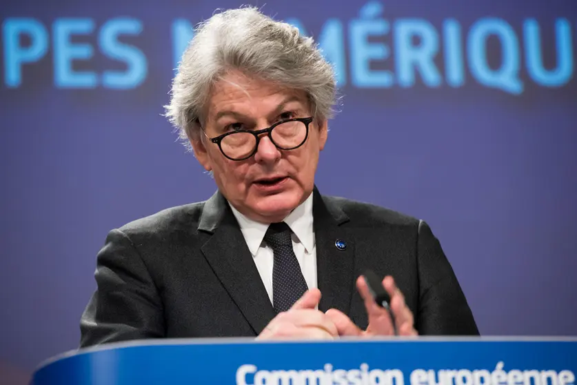 HANDOUT - 26 January 2022, Belgium, Brussels: EU Commissioner for Internal Market and consumer protection, Industry, Research and Energy Thierry Breton speaks during a joint press conference with EU Commissioner of Competition Margrethe Vestager (not pictured), on the proposal for a European declaration on digital rights. Photo: Aurore Martignoni/European Commission/dpa - ATTENTION: editorial use only and only if the credit mentioned above is referenced in full.