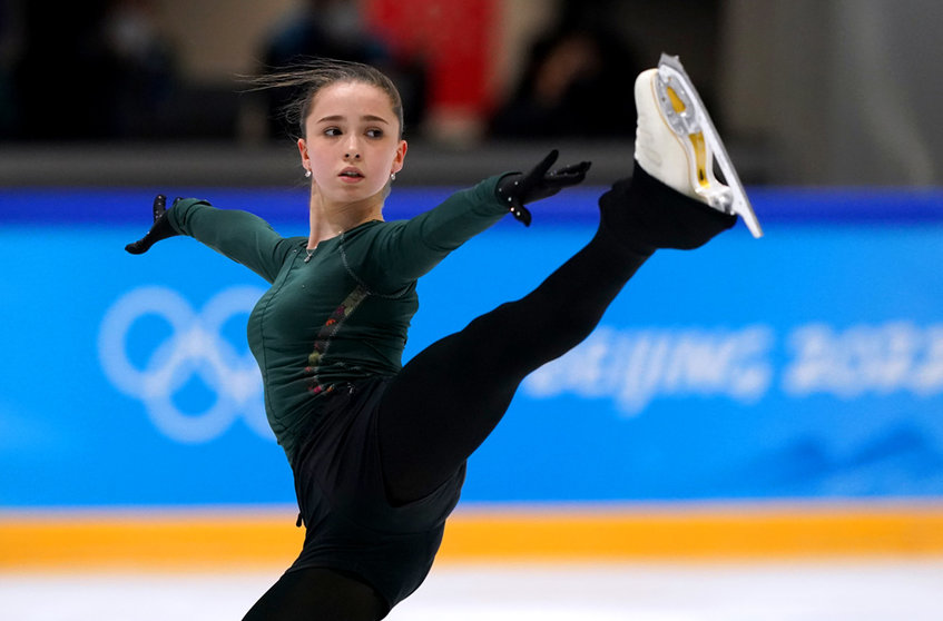 13 February 2022, China, Beijing: ROC's Kamila Valieva in action during a training session at the Capital Indoor Stadium on Day Nine of the Beijing 2022 Winter Olympic Games. Photo: Andrew Milligan/PA Wire/dpa.